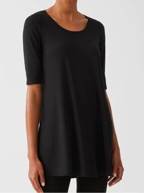Eileen Fisher Scoop Neck 3/4 Sleeve 100% Silk Top Black Women Medium